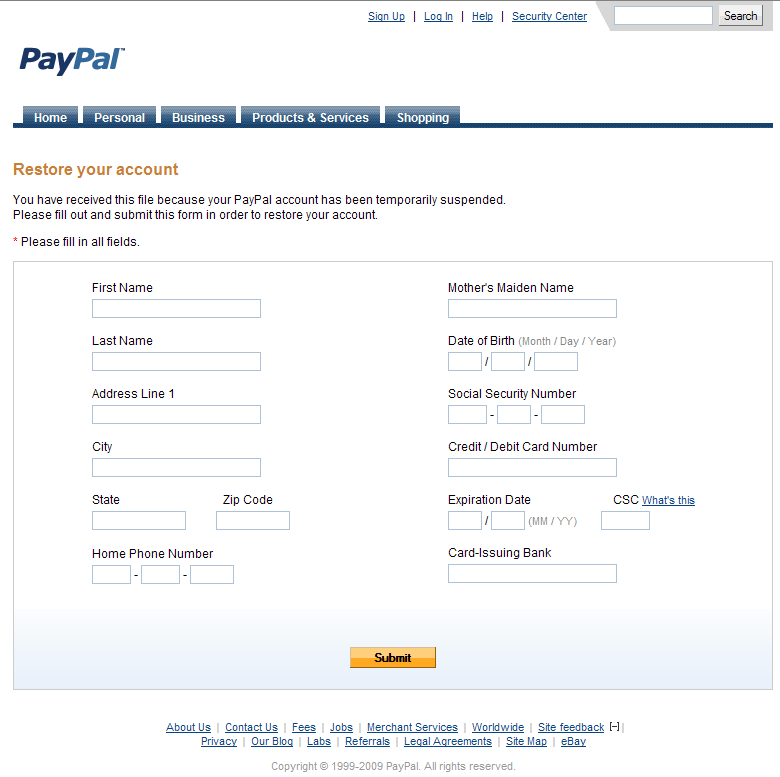 PayPal phish body
