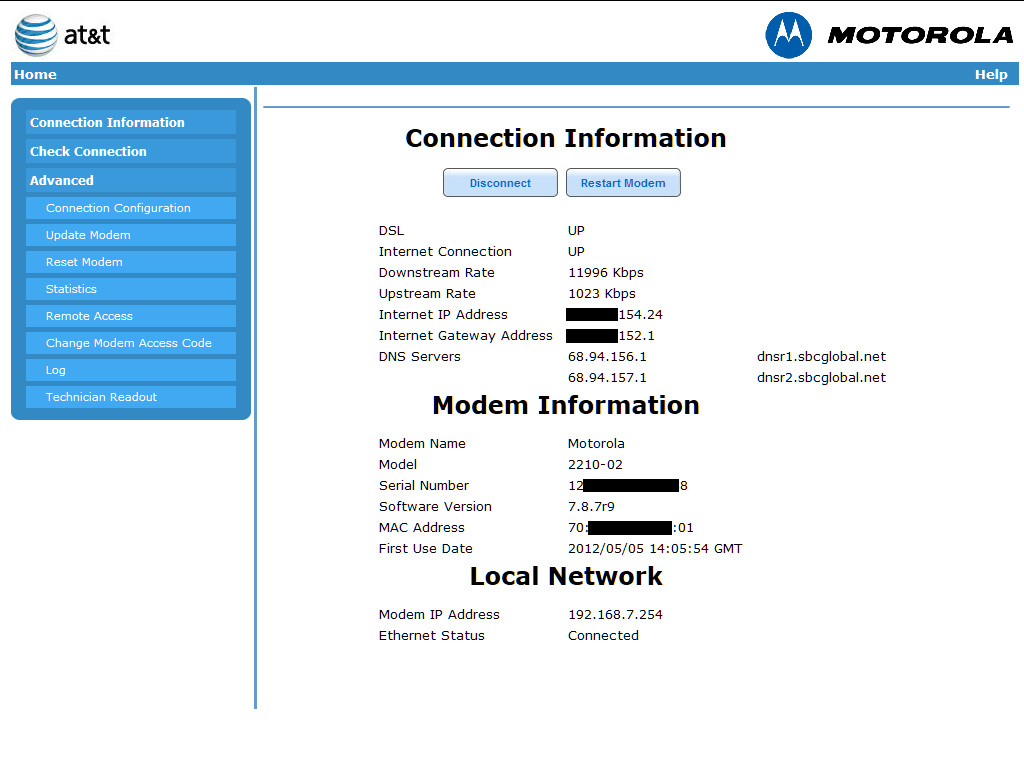 Motorola NVG510 modem for AT&T U-Verse DSL